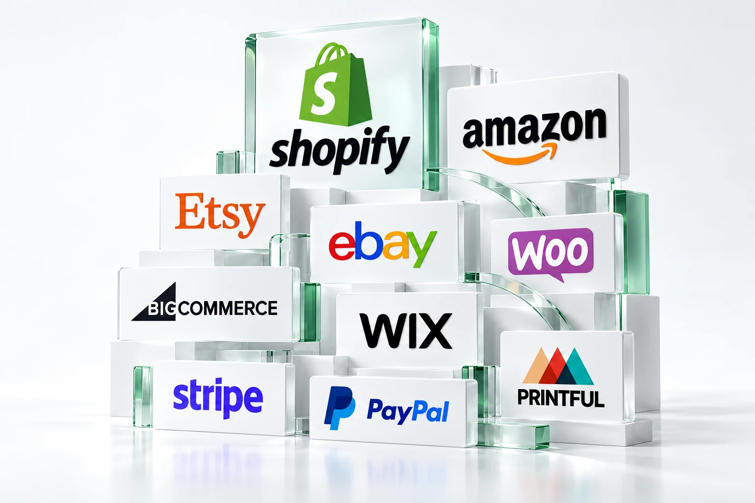 Custom glass-style composition of ecommerce and business platform logos